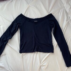Hollister Navy Ribbed Off-the-Shoulder Long Sleeve Top with Lace Trim